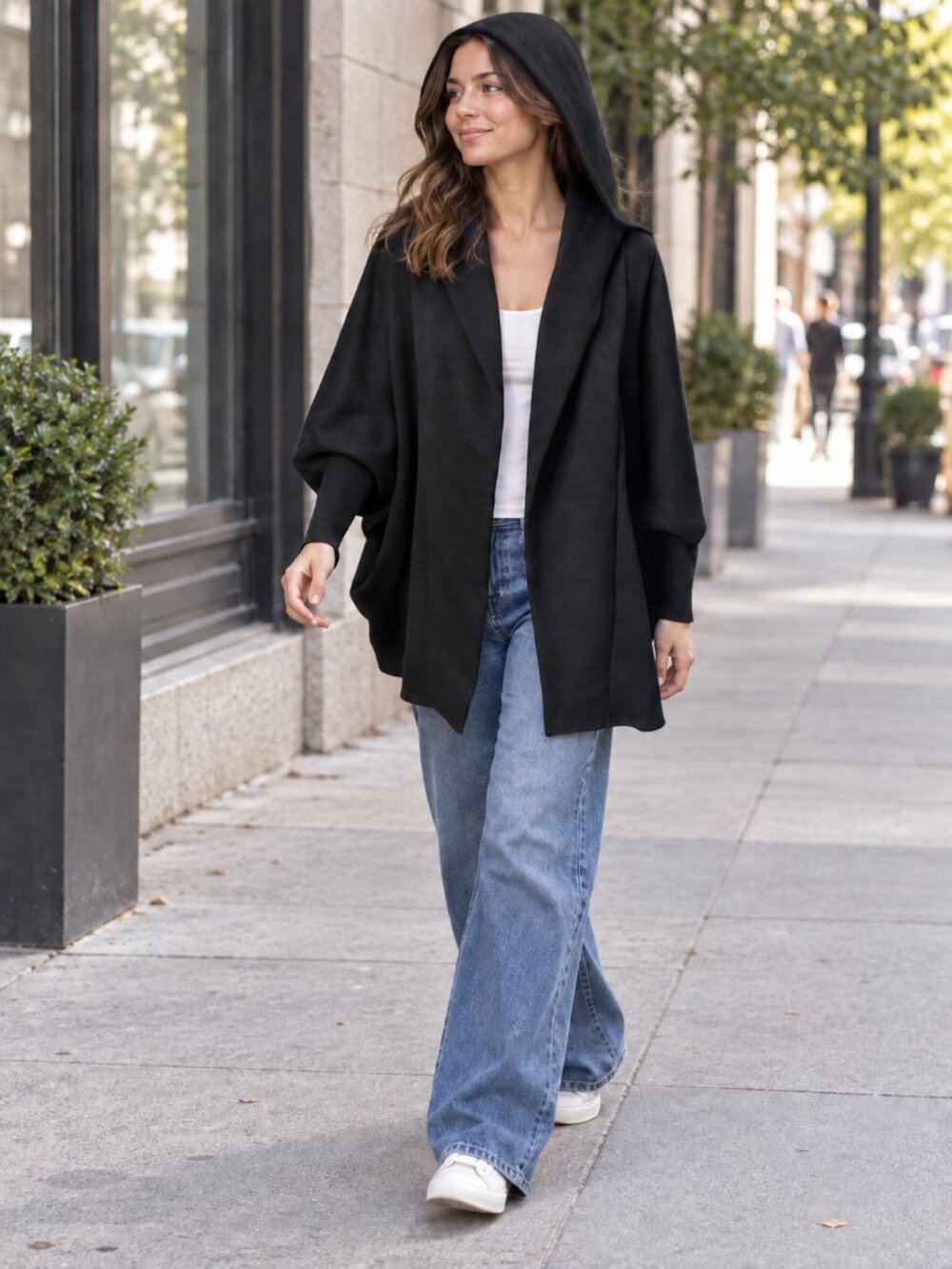 Black Hooded Open-Front Dolman Cardigan, Cotton Blend